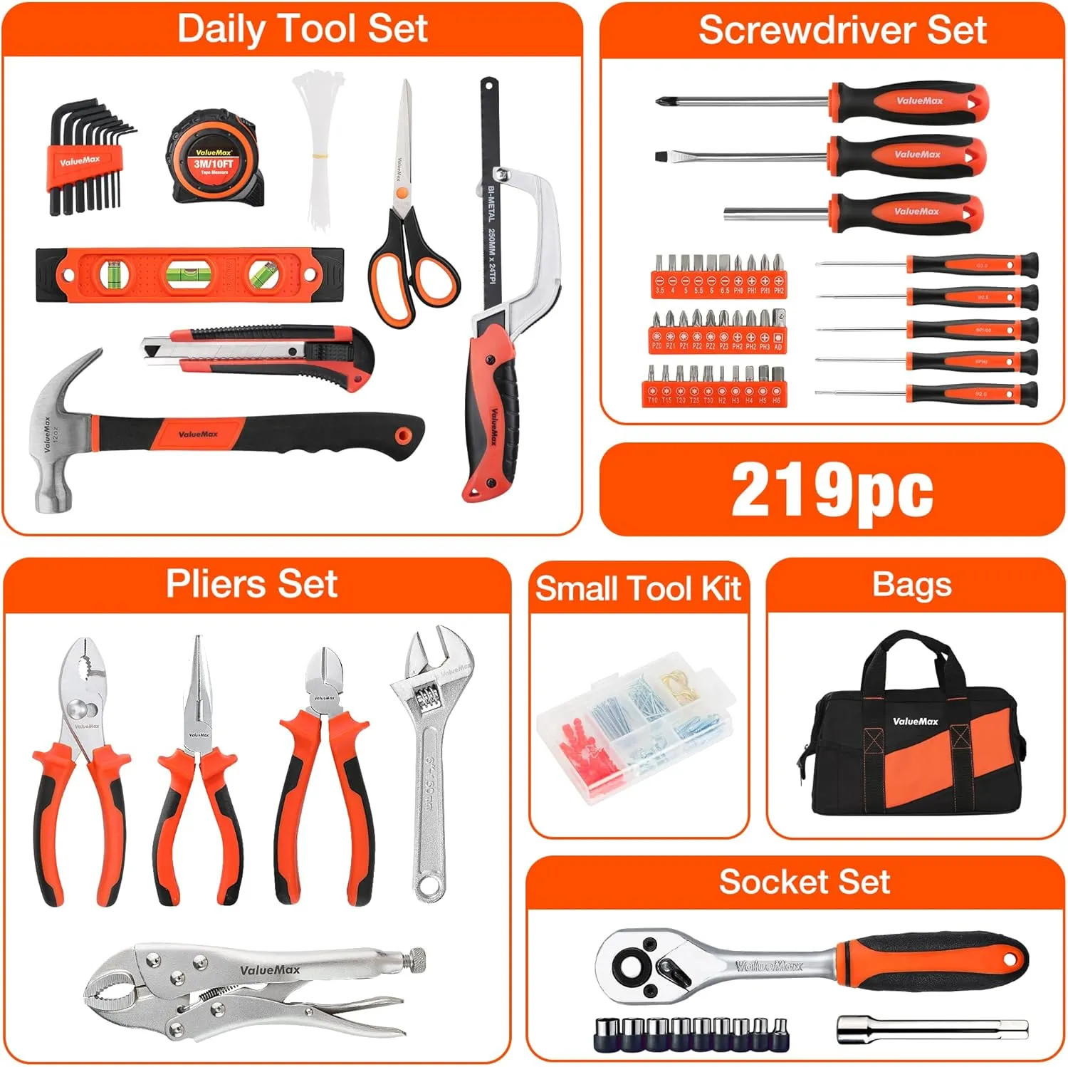 ValueMax Home Tool Set, 219-Piece Basic Household Repairing Tool Kit with 13-Inch Large Opening Tool Bag, Orange General Hand Tools Set, Great Gifts for Homeowner Beginners DIY