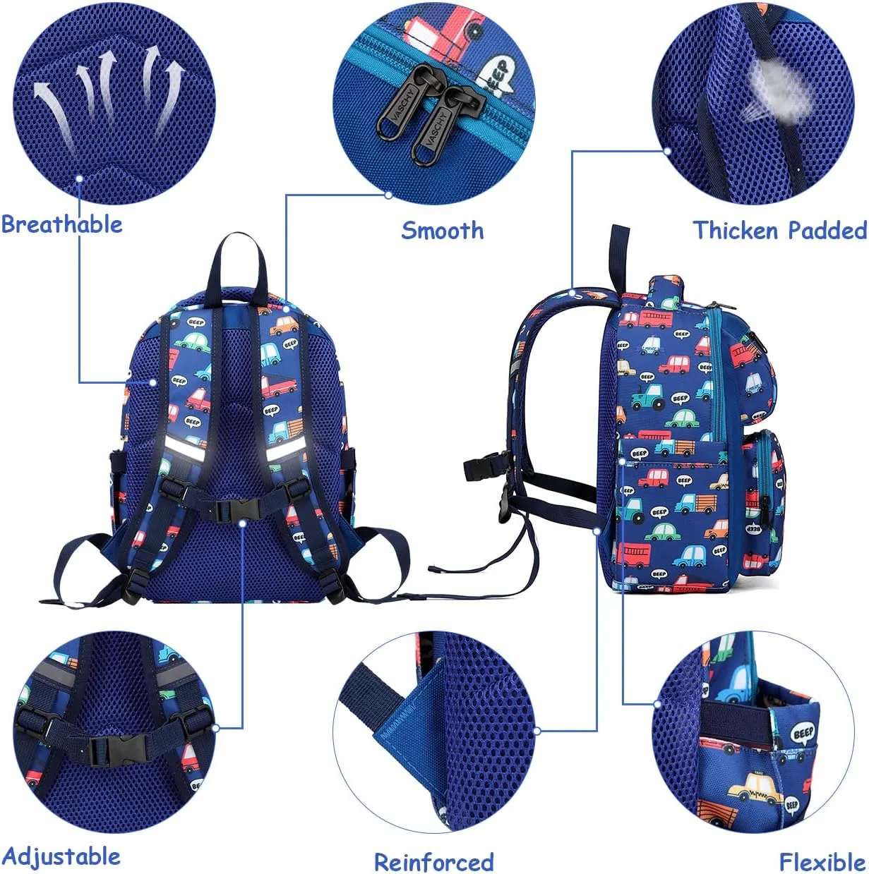 VASCHY Toddler Backpack for Boys, Kids Cute Kindergarten Daycare Children 7L Small Backpack Bookbag for School Travel Bluey Vehicles