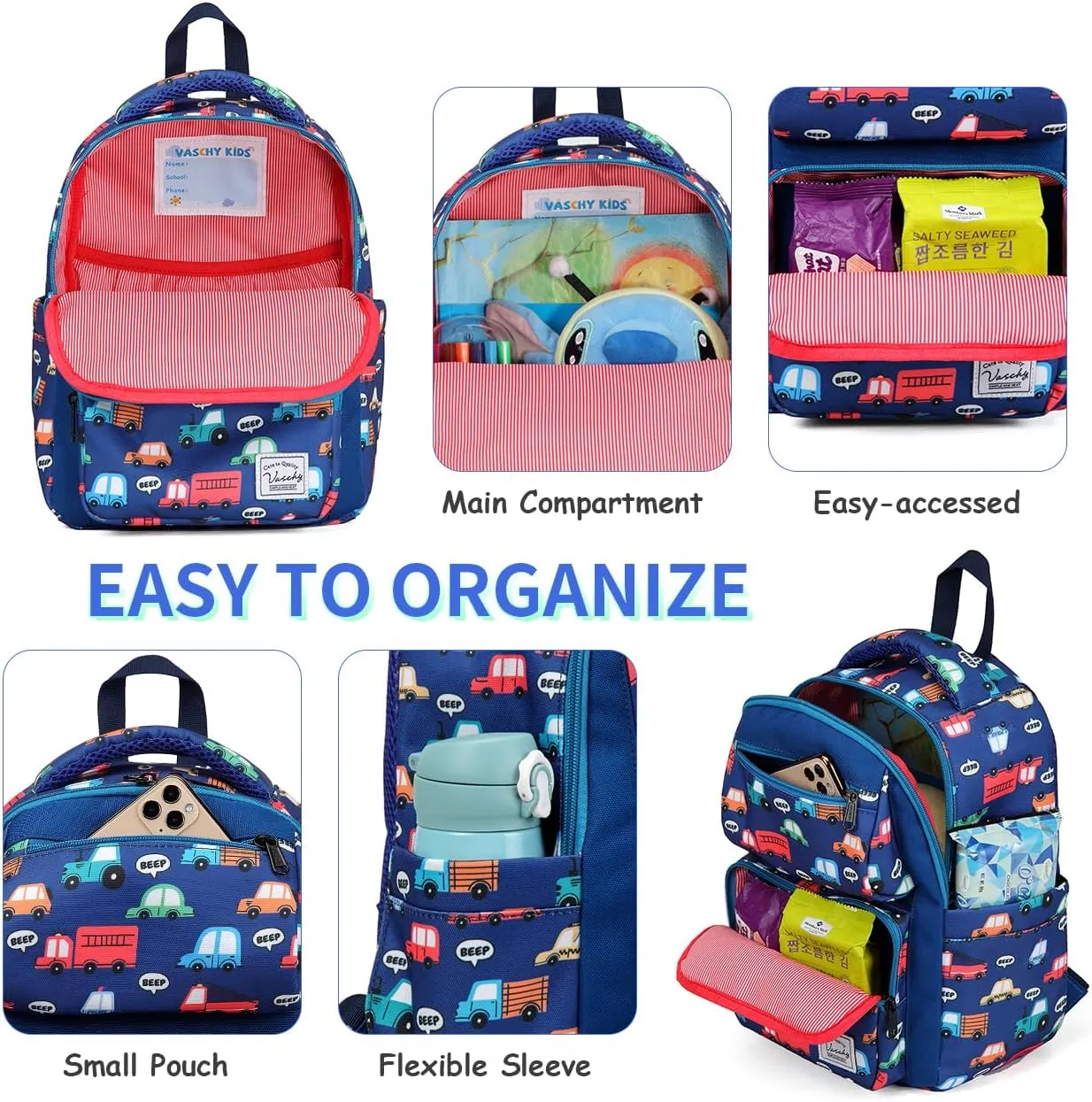 VASCHY Toddler Backpack for Boys, Kids Cute Kindergarten Daycare Children 7L Small Backpack Bookbag for School Travel Bluey Vehicles