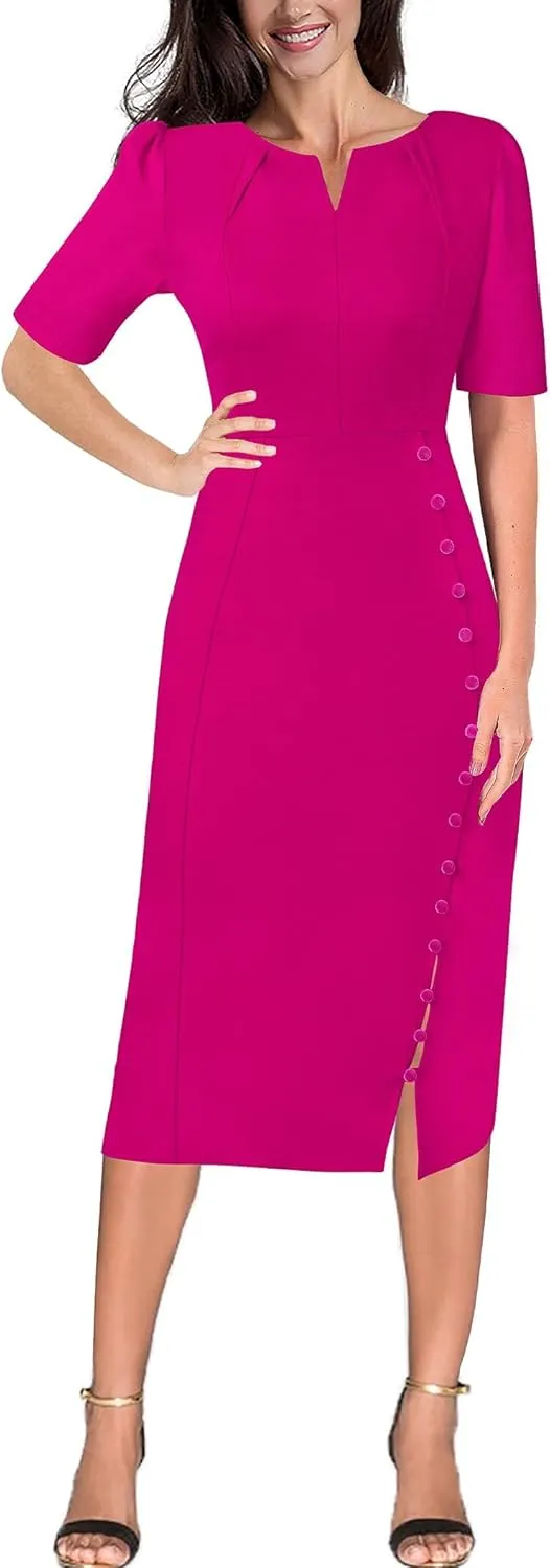 VFSHOW Womens Pleated Notch V Neck Buttons Split Work Office Business Slim Bodycon Pencil Sheath Midi Dress