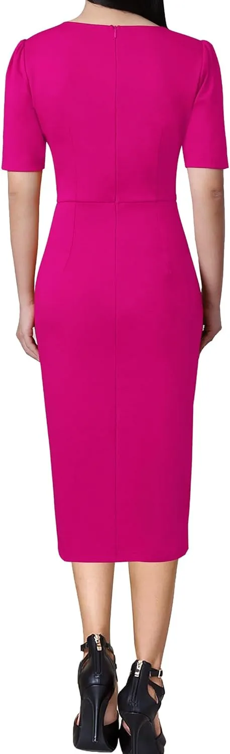 VFSHOW Womens Pleated Notch V Neck Buttons Split Work Office Business Slim Bodycon Pencil Sheath Midi Dress