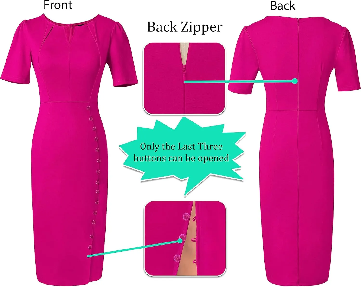 VFSHOW Womens Pleated Notch V Neck Buttons Split Work Office Business Slim Bodycon Pencil Sheath Midi Dress