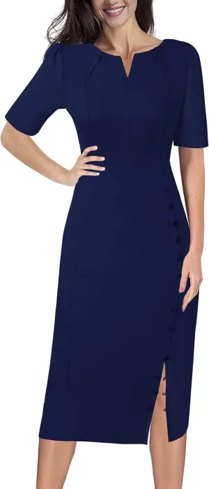 VFSHOW Womens Pleated Notch V Neck Buttons Split Work Office Business Slim Bodycon Pencil Sheath Midi Dress