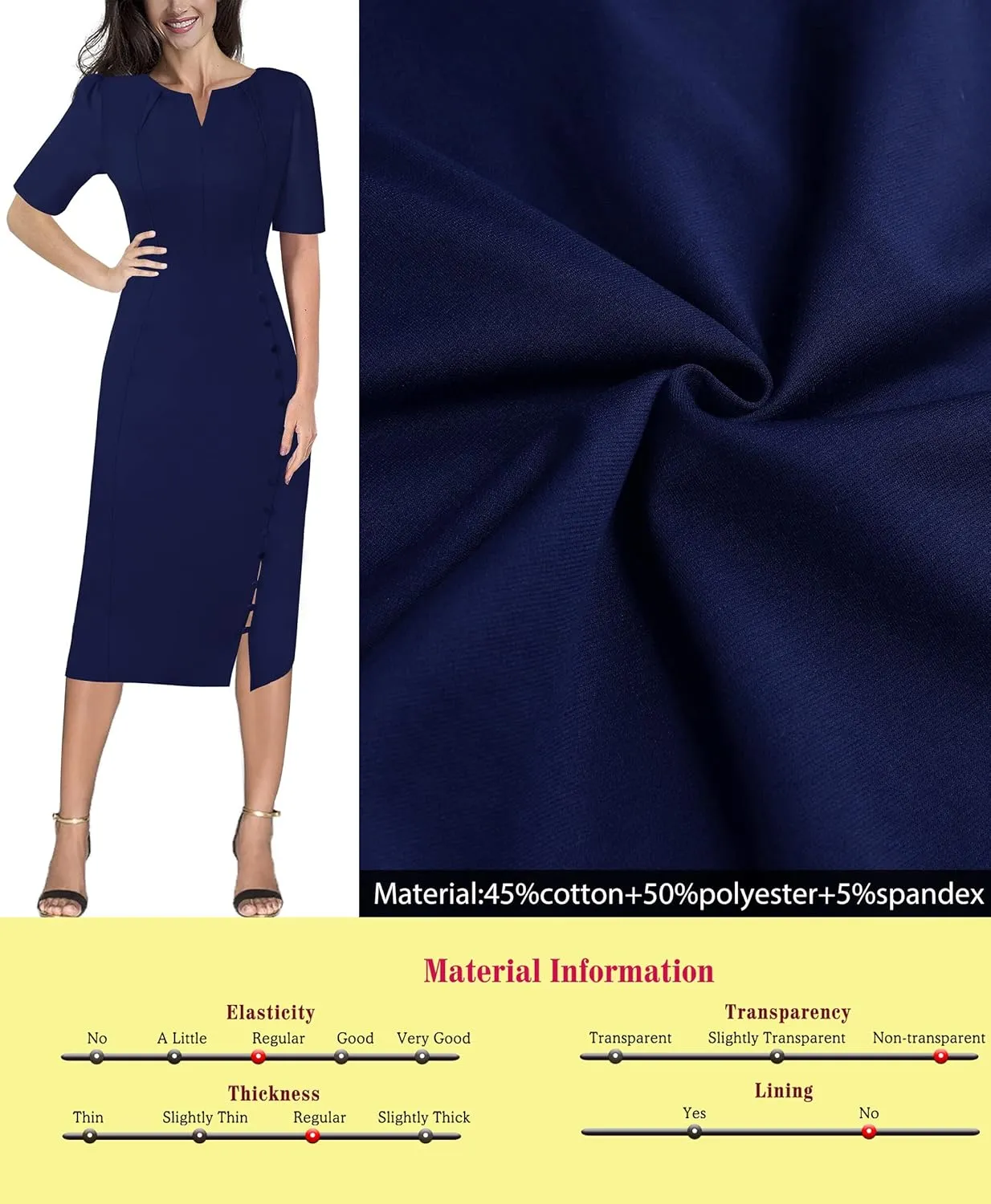 VFSHOW Womens Pleated Notch V Neck Buttons Split Work Office Business Slim Bodycon Pencil Sheath Midi Dress