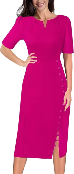 VFSHOW Womens Pleated Notch V Neck Buttons Split Work Office Business Slim Bodycon Pencil Sheath Midi Dress