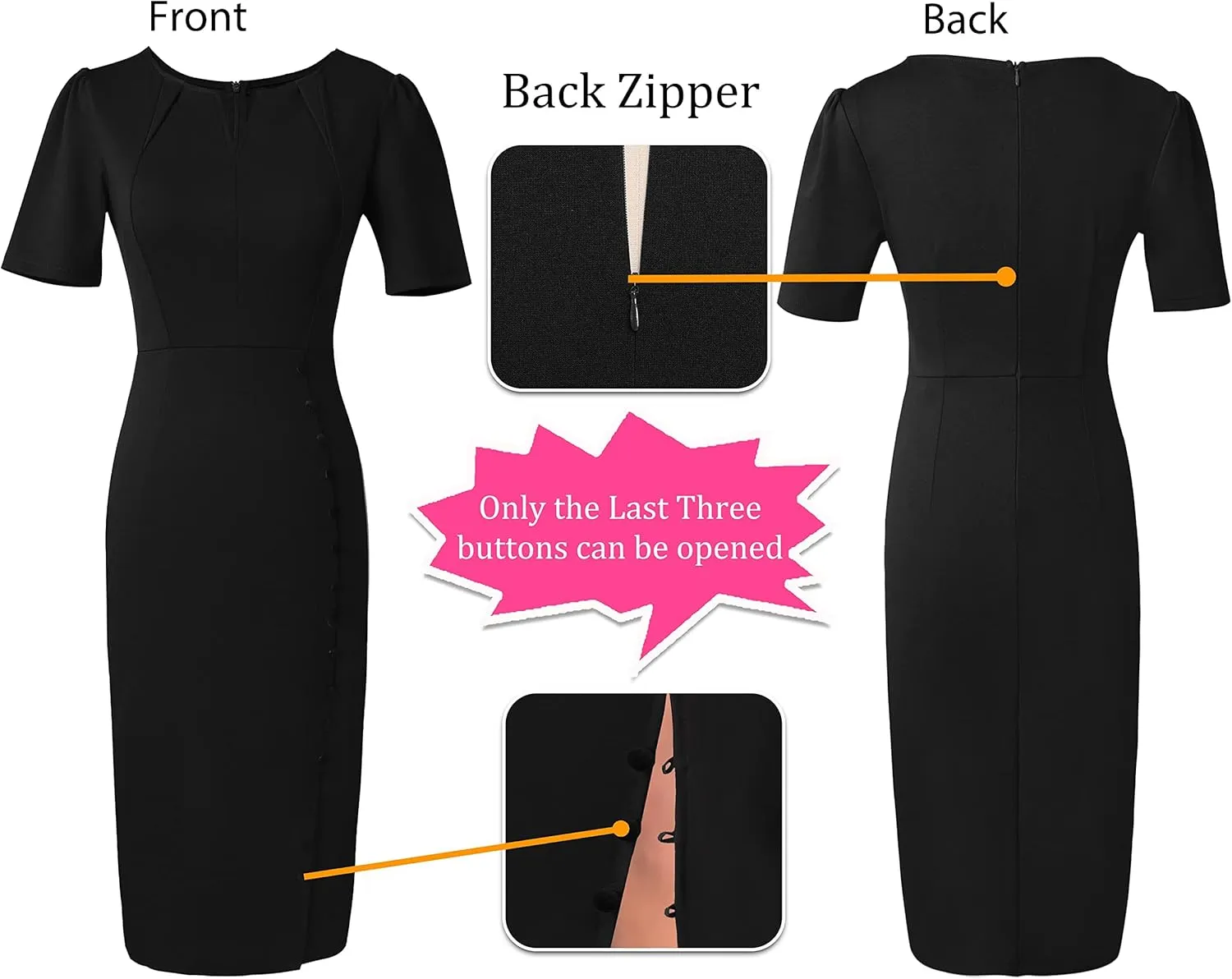 VFSHOW Womens Pleated Notch V Neck Buttons Split Work Office Business Slim Bodycon Pencil Sheath Midi Dress