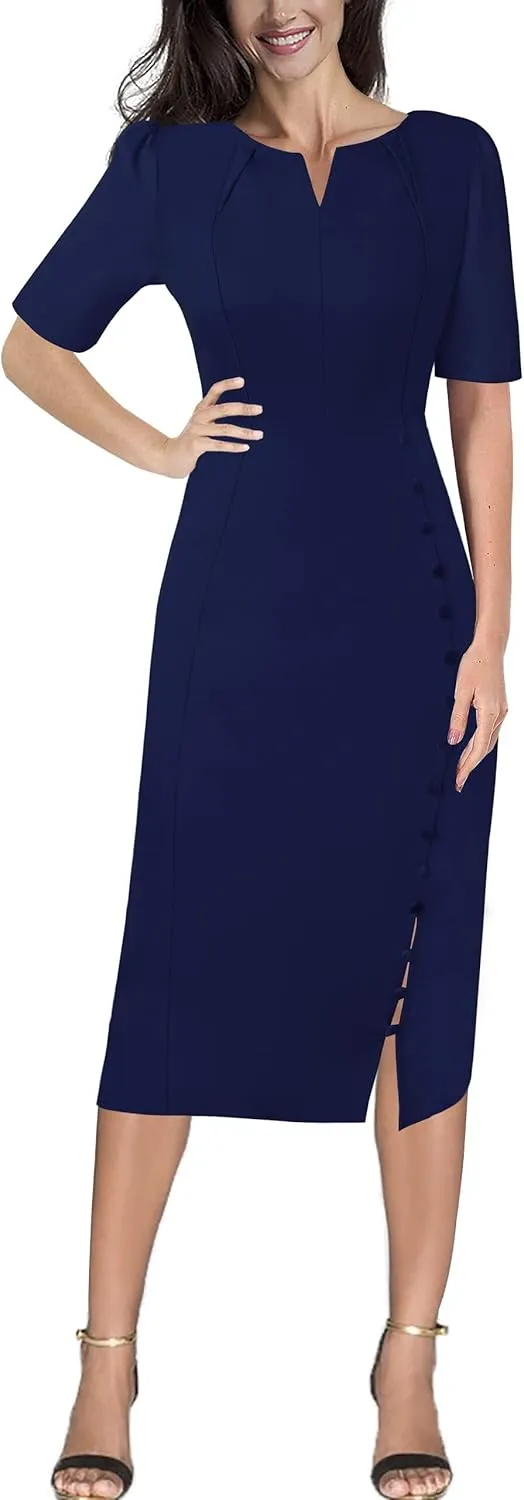 VFSHOW Womens Pleated Notch V Neck Buttons Split Work Office Business Slim Bodycon Pencil Sheath Midi Dress