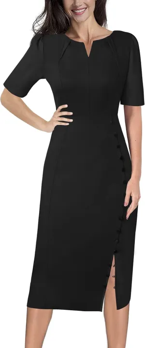 VFSHOW Womens Pleated Notch V Neck Buttons Split Work Office Business Slim Bodycon Pencil Sheath Midi Dress