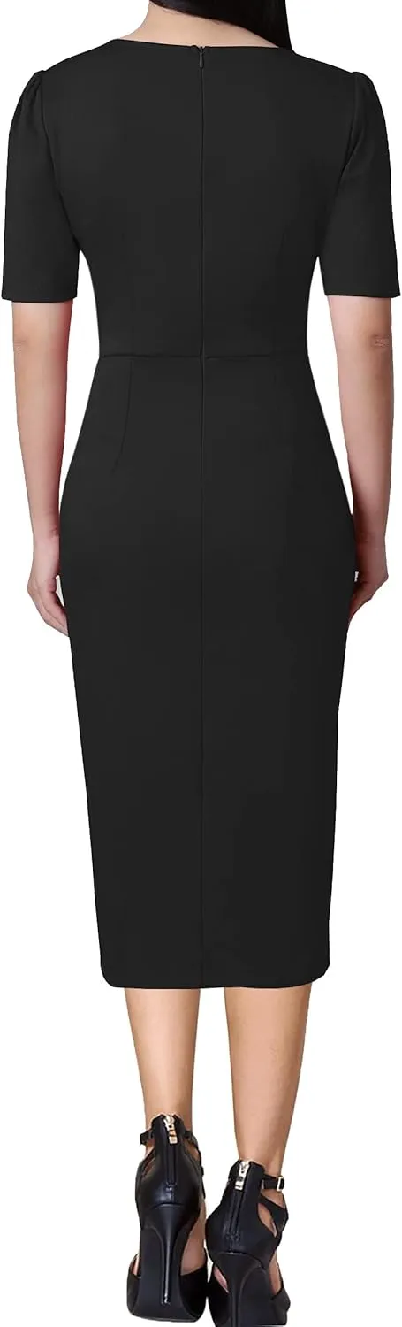 VFSHOW Womens Pleated Notch V Neck Buttons Split Work Office Business Slim Bodycon Pencil Sheath Midi Dress