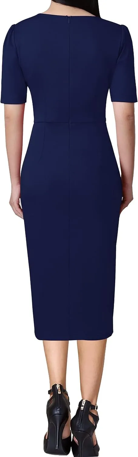 VFSHOW Womens Pleated Notch V Neck Buttons Split Work Office Business Slim Bodycon Pencil Sheath Midi Dress
