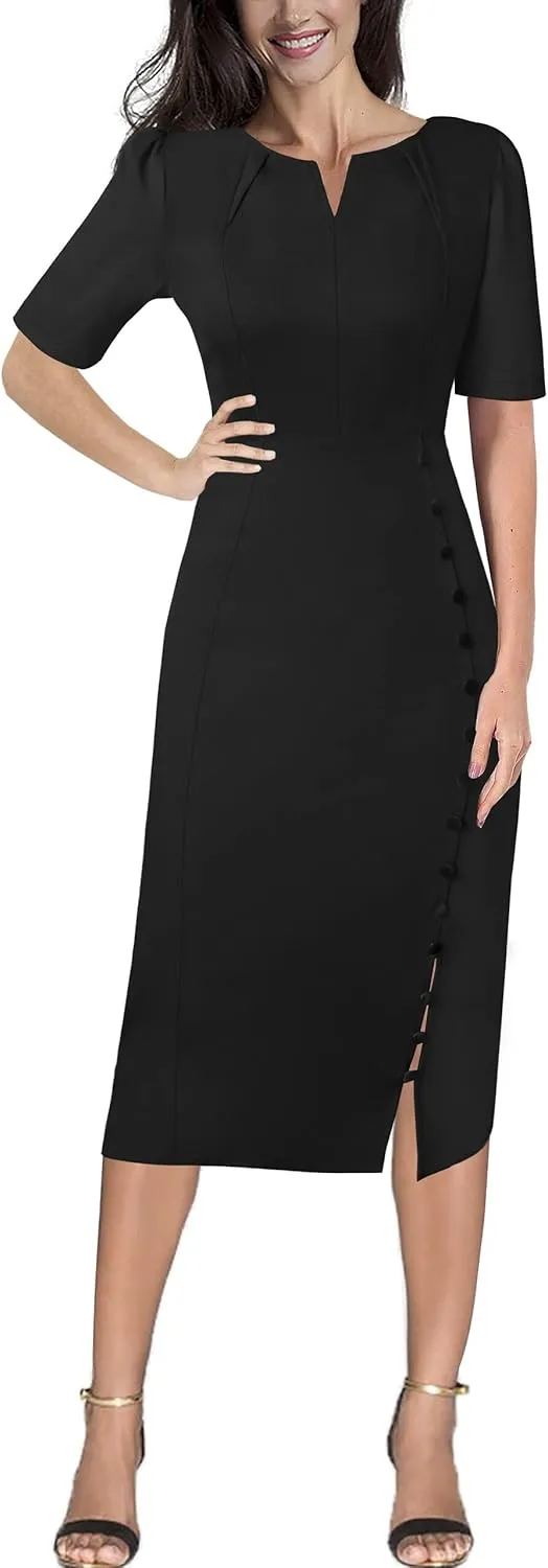 VFSHOW Womens Pleated Notch V Neck Buttons Split Work Office Business Slim Bodycon Pencil Sheath Midi Dress
