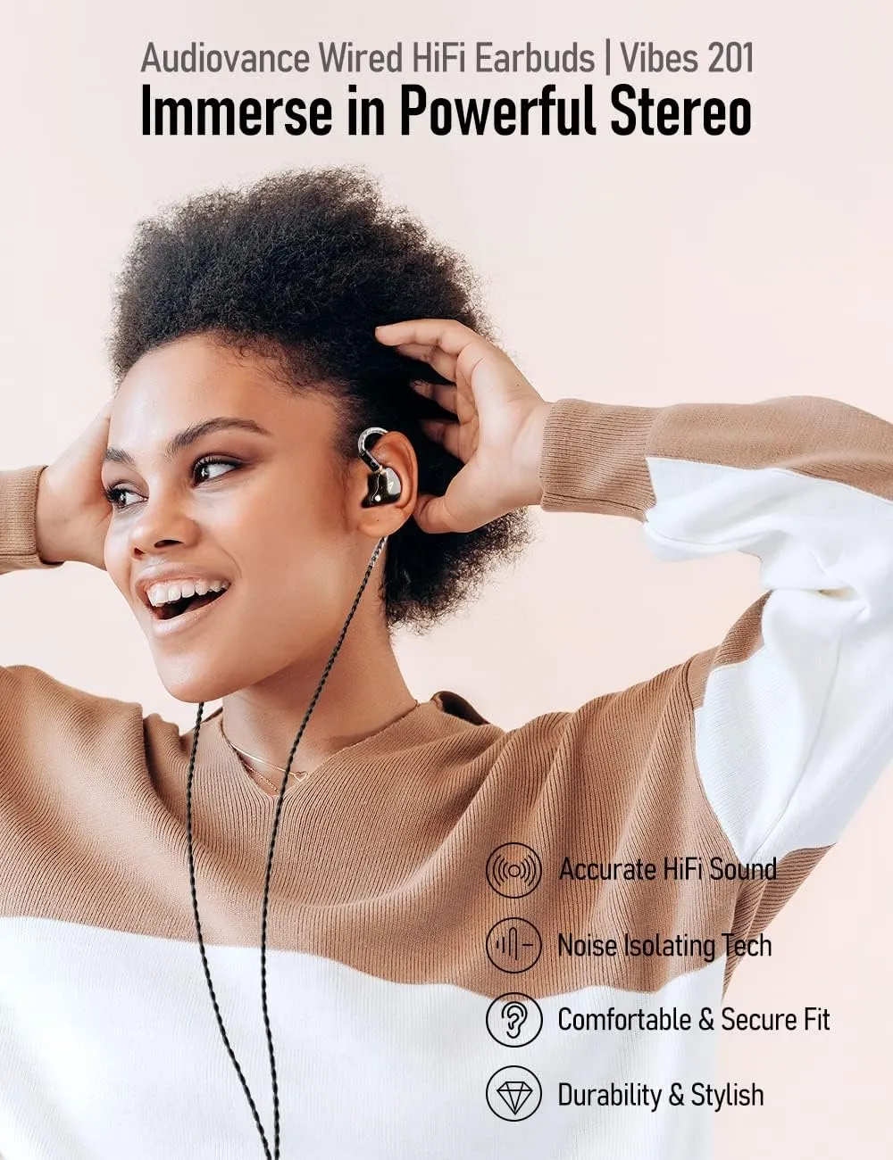 Vibes 201M Wired Earbuds in-Ear Headphones with Mic, Noise Cancelling Bass Driven HiFi Earphones, Tangle-Free Braided Cord, Carry Case, Ear Buds Tips, 3.5mm Jack, Secure Fit (Clear Brown)