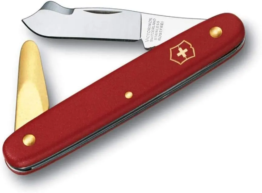 Victorinox, Pocket tool, garden, oculating knife combi 2, red, 3, functions, blade, pointed bark remover, brass bark remover, Swiss made