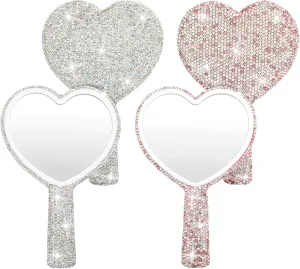 Vin Beauty 2 Pcs Rhinestone Heart Handheld Mirror White and Pink Bling Heart Shape Mirror Portable Cute Handheld Mirrors Travel Makeup Lash Mirrors for Eyelash Extensions Bride Wedding Decorative