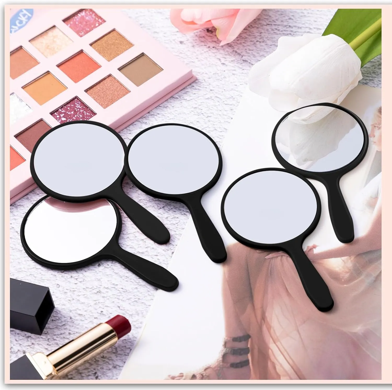 Vinsot 100 Pcs Handheld Mirror Bulk Small Hand Compact Mirrors with Handle Plastic Travel Makeup Portable 3.94 x 2.16 Inch for Birthday Dress up Wedding Practice Pronunciation (Black)