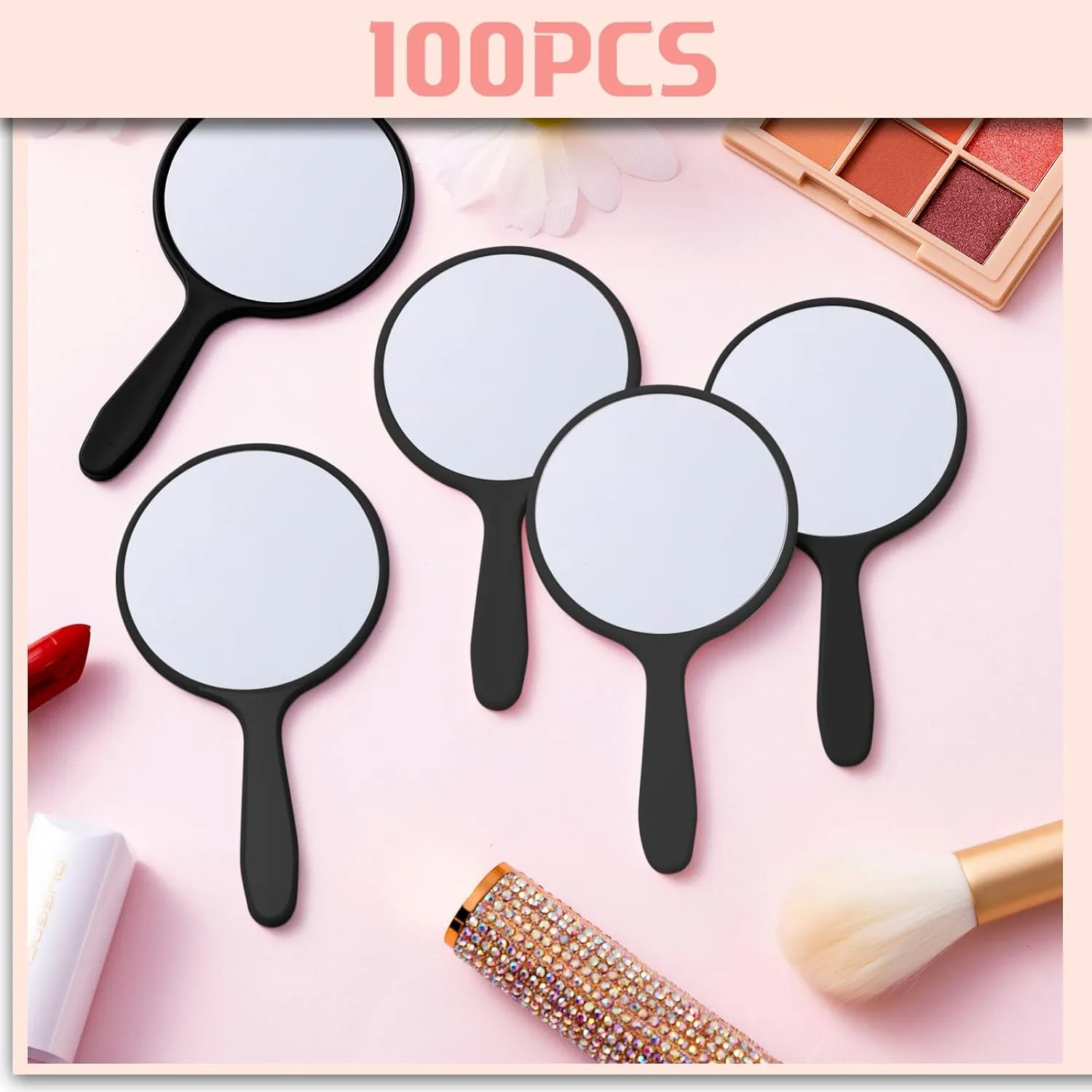 Vinsot 100 Pcs Handheld Mirror Bulk Small Hand Compact Mirrors with Handle Plastic Travel Makeup Portable 3.94 x 2.16 Inch for Birthday Dress up Wedding Practice Pronunciation (Black)