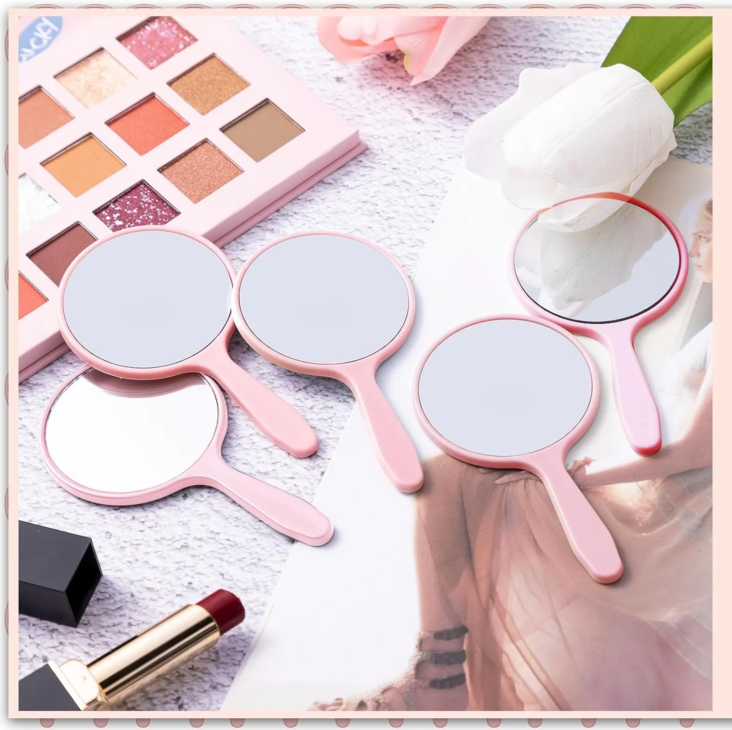 Vinsot 150 Pcs Handheld Mirror Bulk Small Hand Compact Mirrors with Handle Plastic Travel Makeup Portable 3.94 x 2.16 Inch for Birthday Dress up Wedding Practice Pronunciation (Pink)