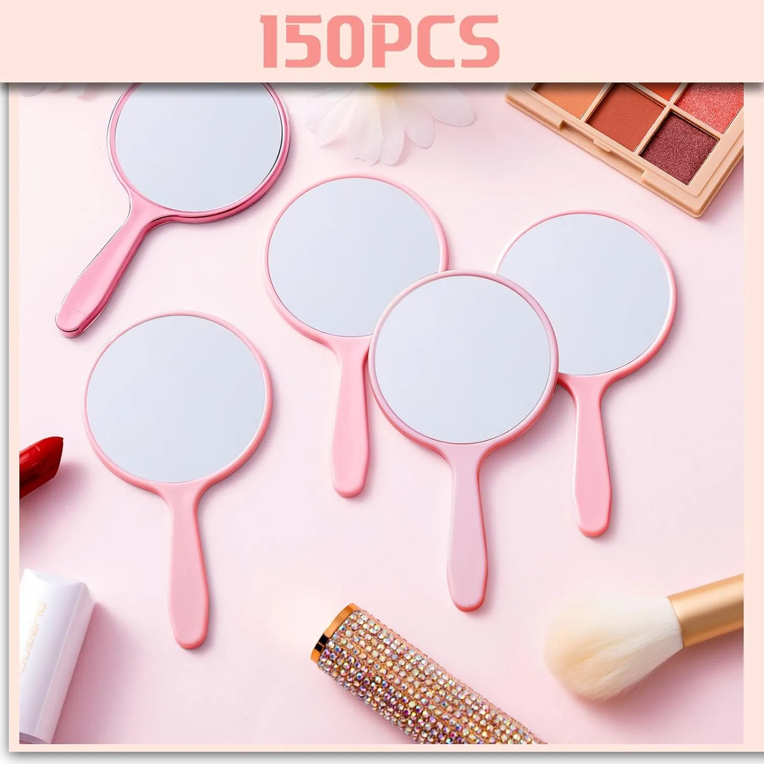 Vinsot 150 Pcs Handheld Mirror Bulk Small Hand Compact Mirrors with Handle Plastic Travel Makeup Portable 3.94 x 2.16 Inch for Birthday Dress up Wedding Practice Pronunciation (Pink)