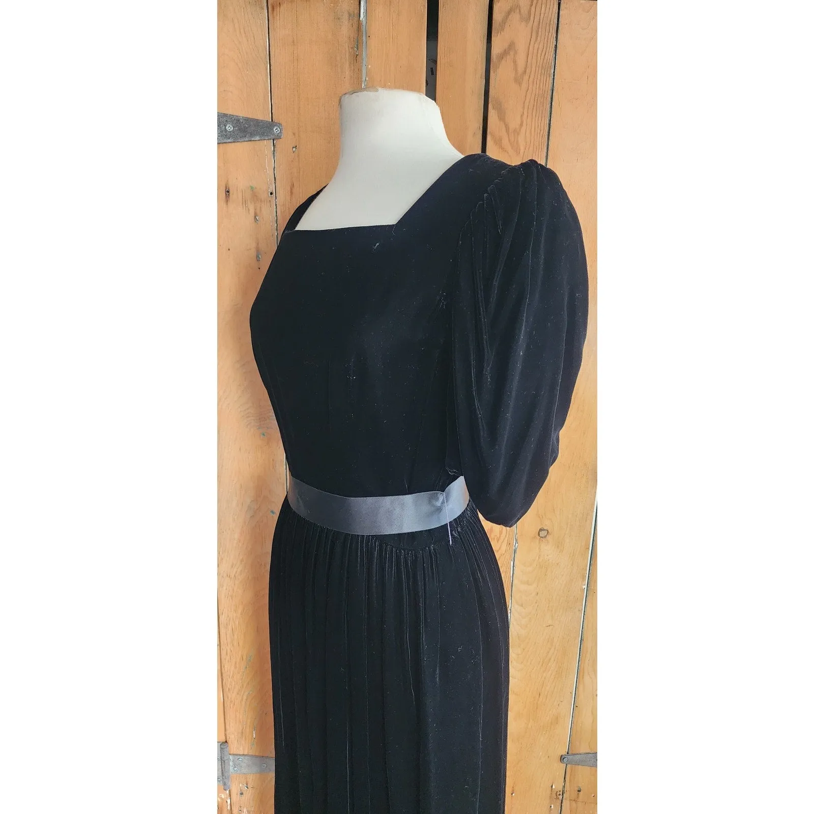 Vintage 80s Black Velvet Party Dress Puffed Sleeves Kappi I Magnin