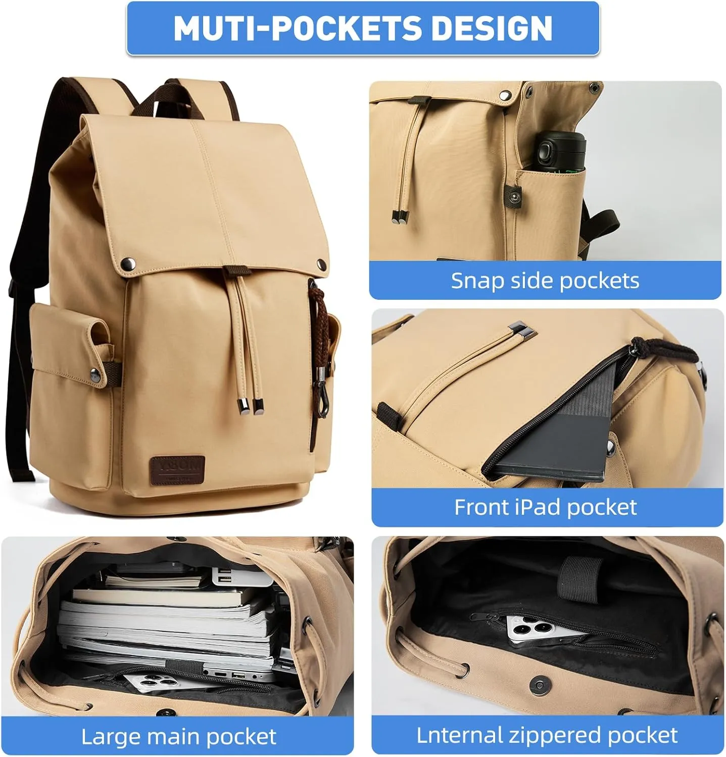 Vintage Backpack Daypacks for men women, with 15.6" Laptop compartment Water Resistant Casual Backpack for College Travel Hiking Climbing (khaki)
