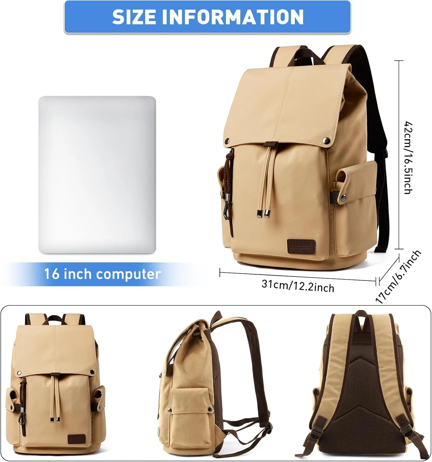 Vintage Backpack Daypacks for men women, with 15.6" Laptop compartment Water Resistant Casual Backpack for College Travel Hiking Climbing (khaki)