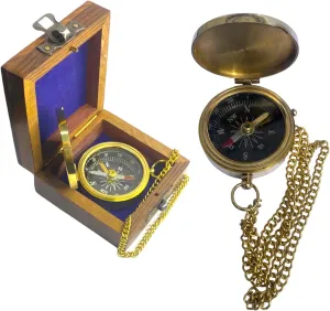 Vintage Brass Golden Compass with Wooden Box & Chainmail Nautical Map Reader Glass Magnifying Compass for Traveling Camping Hiking Tool