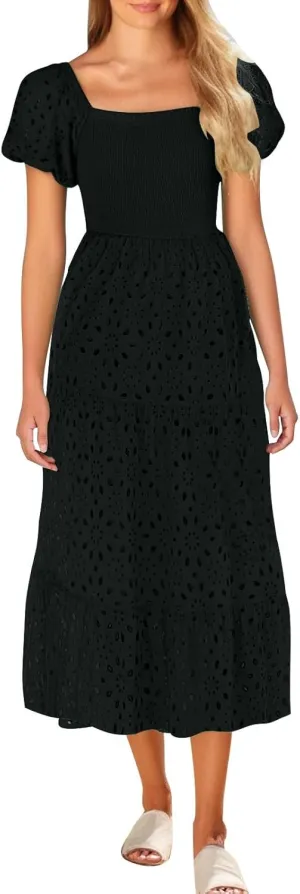 Vintage Floral Hollow Out Pleated Dress for Women Trendy Puff Sleeve Ruffle Hem Maxi Dresses Working Business Wear