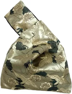 Vintage Japanese Yukata Kimono Crane Handbag Wristlet Bag - Small Coin Tote Handle Bag Knot Pouch for Women