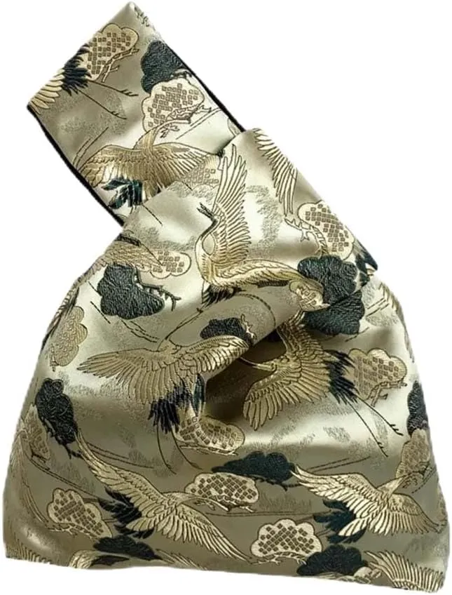 Vintage Japanese Yukata Kimono Crane Handbag Wristlet Bag - Small Coin Tote Handle Bag Knot Pouch for Women