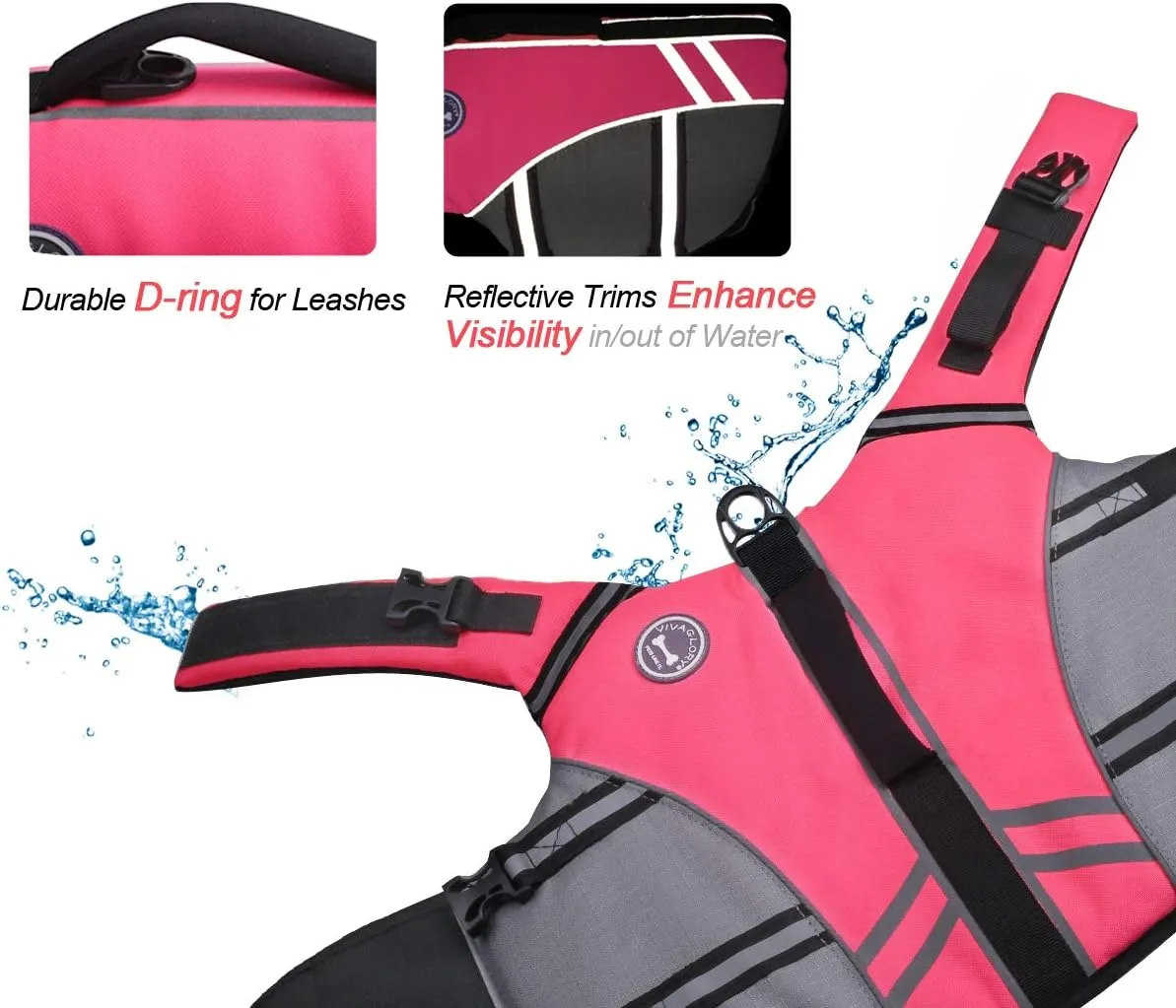 VIVAGLORY Sports Style Dog Life Jacket with Extra Flotation, Adjustable & Durable Swim Life Vest with Secure Fastening System for Medium Dogs, Bright Pink