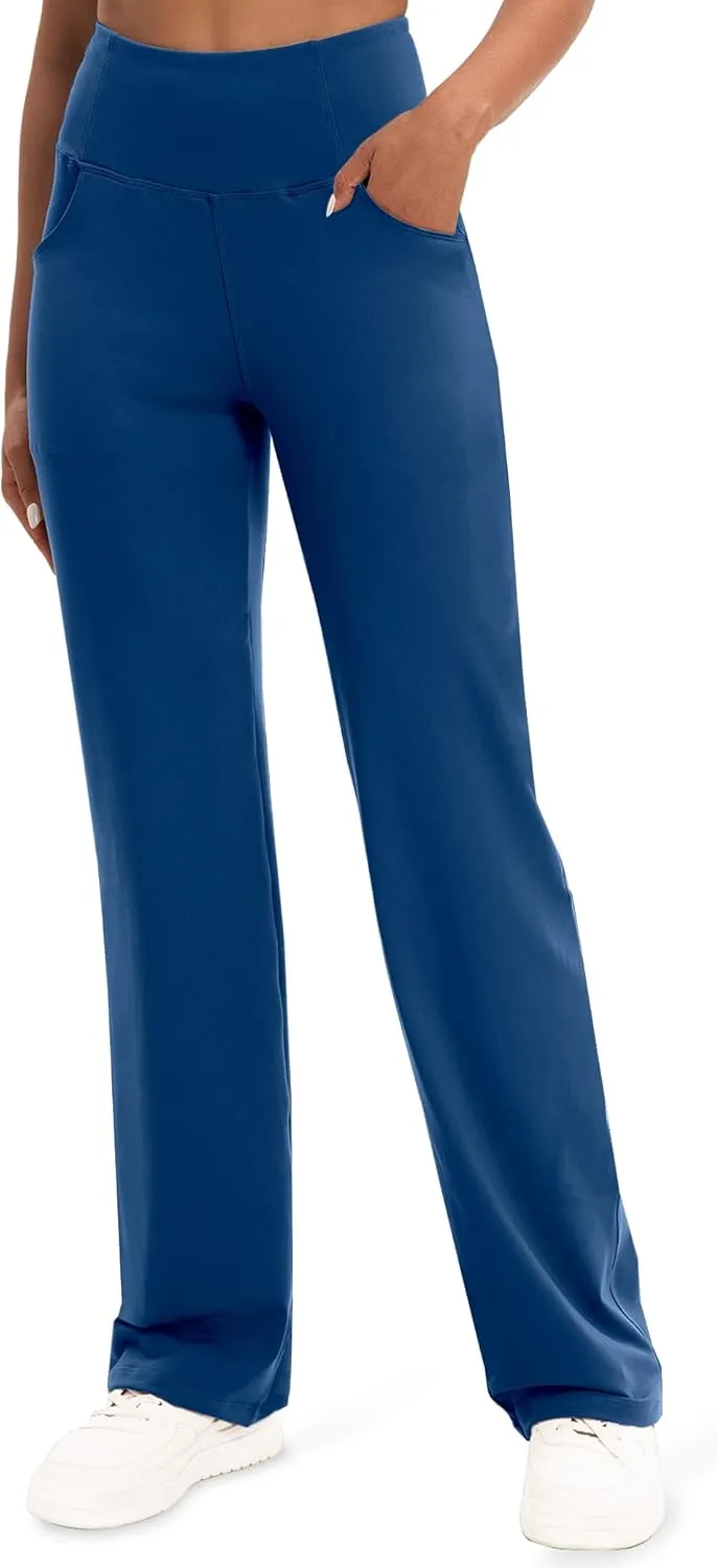 VOOVEEYA Yoga Pants Women with Pockets, Straight Wide Leg Pants High Waisted Work Dress Pants Petite/Regular/Tall