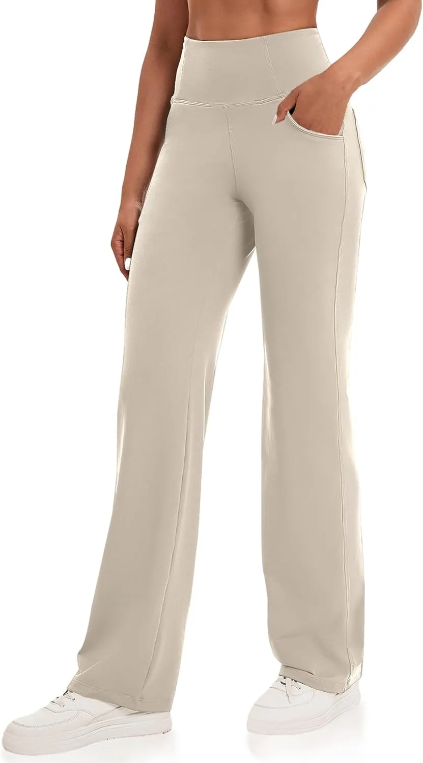 VOOVEEYA Yoga Pants Women with Pockets, Straight Wide Leg Pants High Waisted Work Dress Pants Petite/Regular/Tall