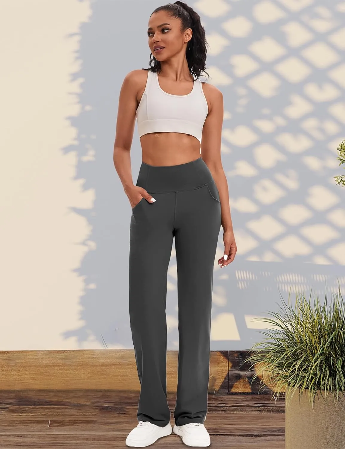 VOOVEEYA Yoga Pants Women with Pockets, Straight Wide Leg Pants High Waisted Work Dress Pants Petite/Regular/Tall