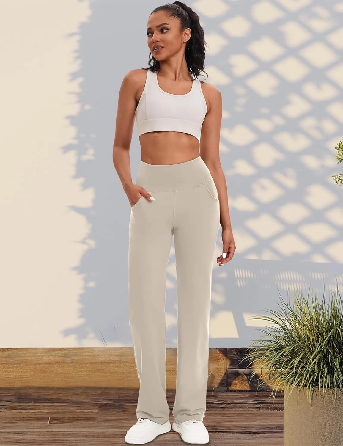 VOOVEEYA Yoga Pants Women with Pockets, Straight Wide Leg Pants High Waisted Work Dress Pants Petite/Regular/Tall