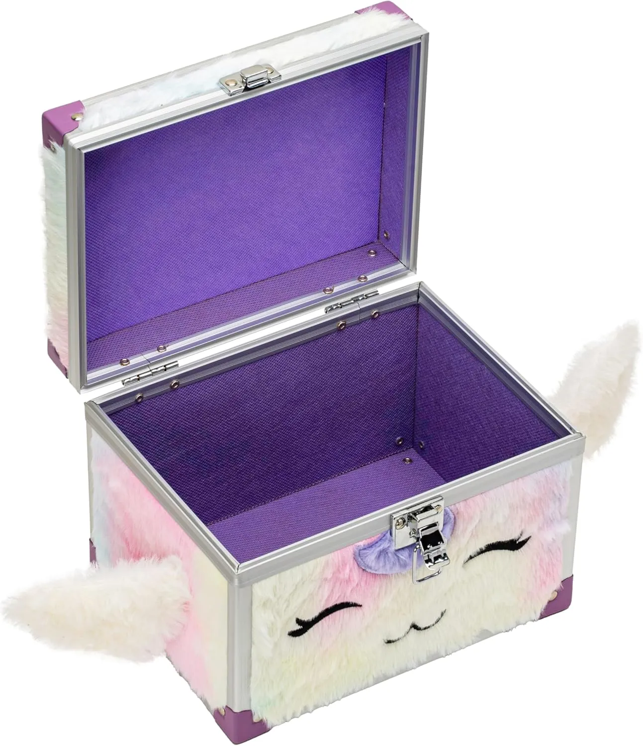 VOTUM Fluffy Lockable Jewelry Box for Girls – Unicorn-Inspired Furry Treasure Chest with Wings & Ears – Secure Storage for Jewelry, Trinkets & Keepsakes – Pastel Rainbow Plush Design