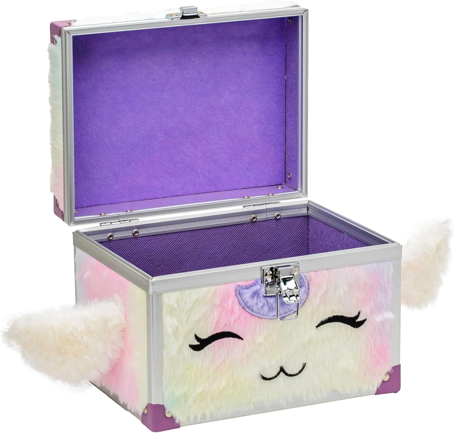 VOTUM Fluffy Lockable Jewelry Box for Girls – Unicorn-Inspired Furry Treasure Chest with Wings & Ears – Secure Storage for Jewelry, Trinkets & Keepsakes – Pastel Rainbow Plush Design