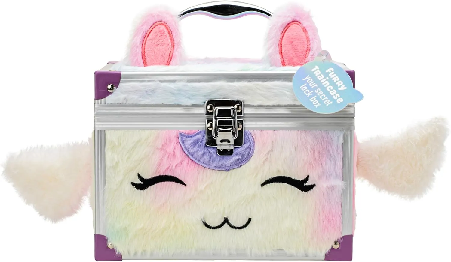 VOTUM Fluffy Lockable Jewelry Box for Girls – Unicorn-Inspired Furry Treasure Chest with Wings & Ears – Secure Storage for Jewelry, Trinkets & Keepsakes – Pastel Rainbow Plush Design