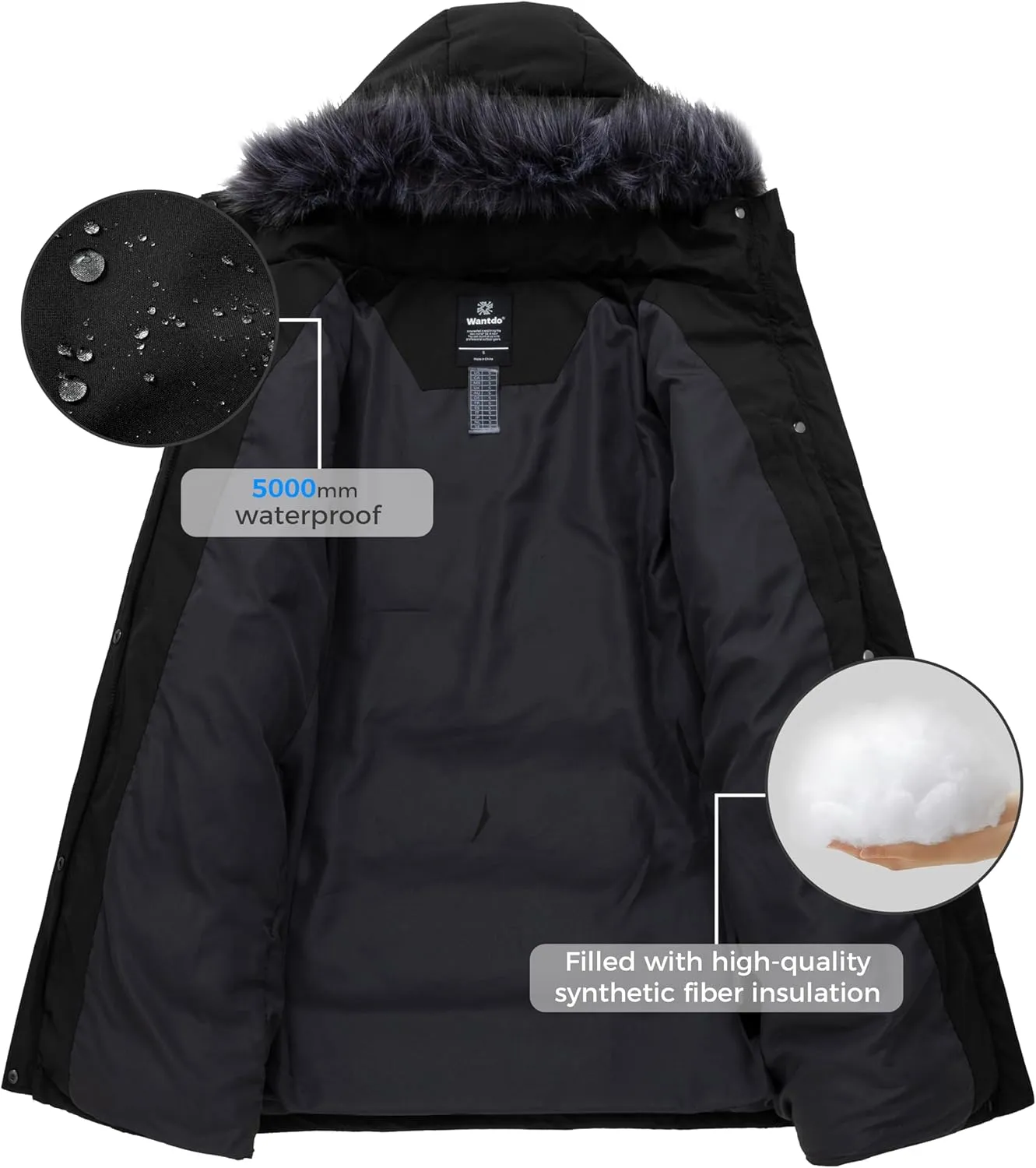 wantdo Women's Waterproof Winter Coat Warm Long Puffer Jackets with Faux Fur Hood Thicken Parka
