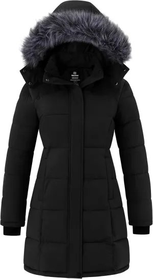 wantdo Women's Waterproof Winter Coat Warm Long Puffer Jackets with Faux Fur Hood Thicken Parka