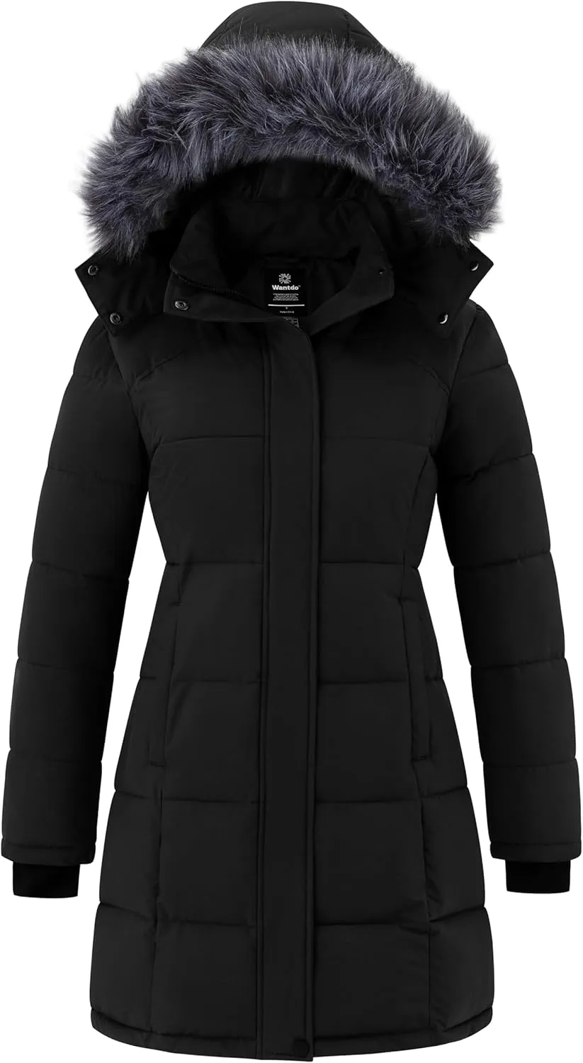 wantdo Women's Waterproof Winter Coat Warm Long Puffer Jackets with Faux Fur Hood Thicken Parka