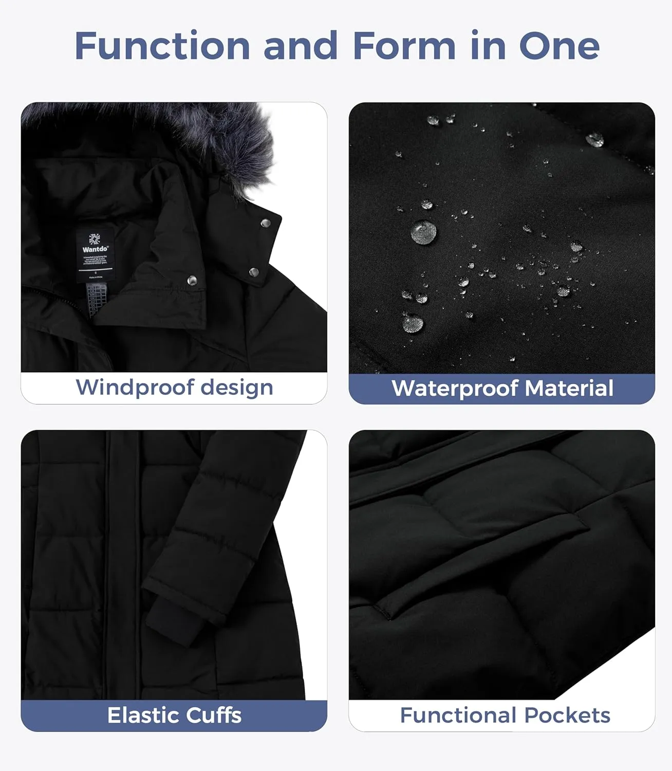 wantdo Women's Waterproof Winter Coat Warm Long Puffer Jackets with Faux Fur Hood Thicken Parka