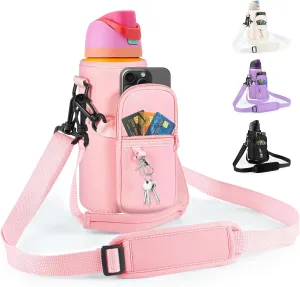 Water Bottle Carrier Bag with Detachable Phone Pocket for Owala FreeSip 24 32 oz with Strap Water Bottle Sleeve for Walking Camping Gym