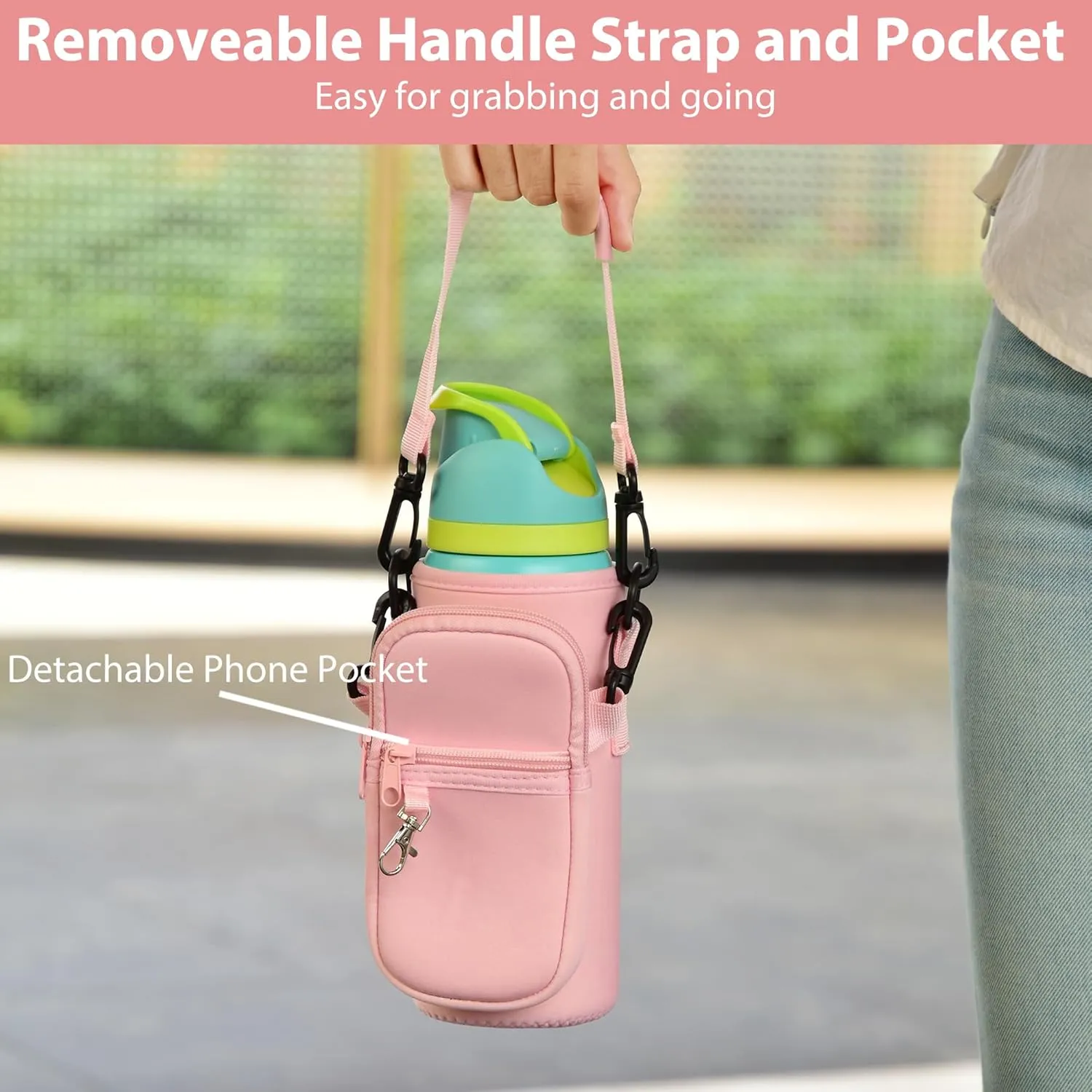 Water Bottle Carrier Bag with Detachable Phone Pocket for Owala FreeSip 24 32 oz with Strap Water Bottle Sleeve for Walking Camping Gym