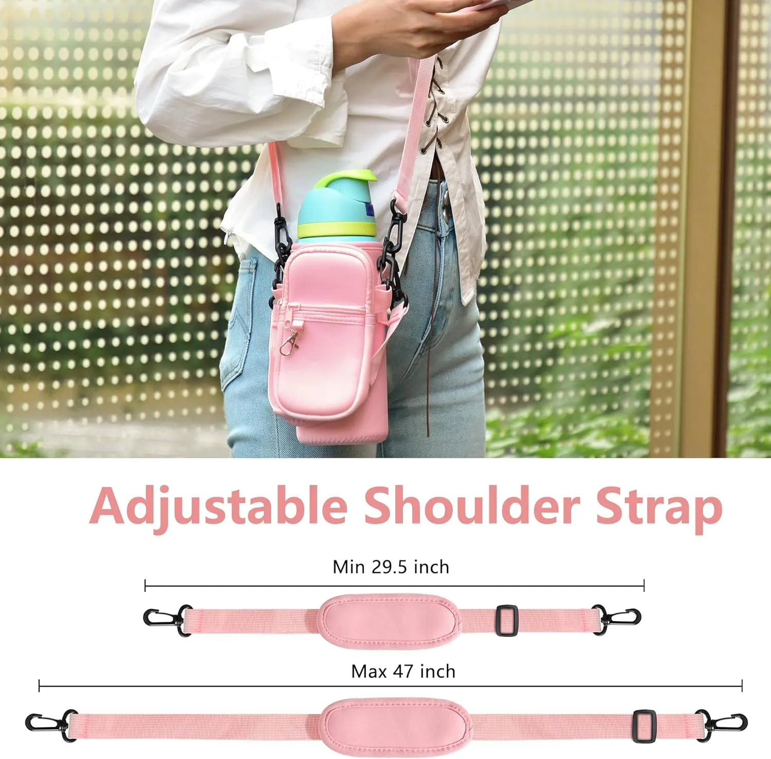 Water Bottle Carrier Bag with Detachable Phone Pocket for Owala FreeSip 24 32 oz with Strap Water Bottle Sleeve for Walking Camping Gym