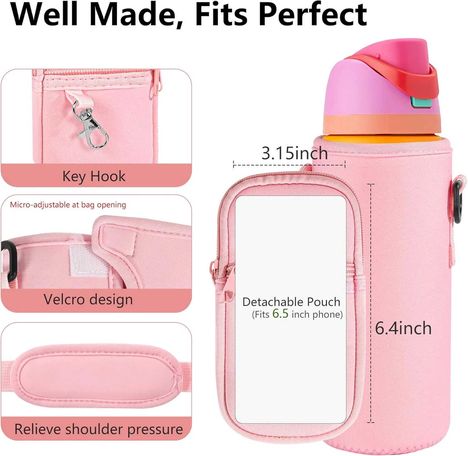 Water Bottle Carrier Bag with Detachable Phone Pocket for Owala FreeSip 24 32 oz with Strap Water Bottle Sleeve for Walking Camping Gym