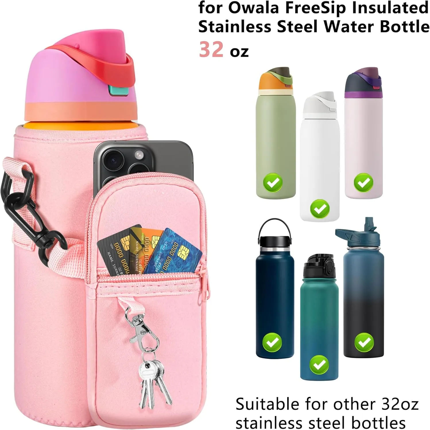 Water Bottle Carrier Bag with Detachable Phone Pocket for Owala FreeSip 24 32 oz with Strap Water Bottle Sleeve for Walking Camping Gym
