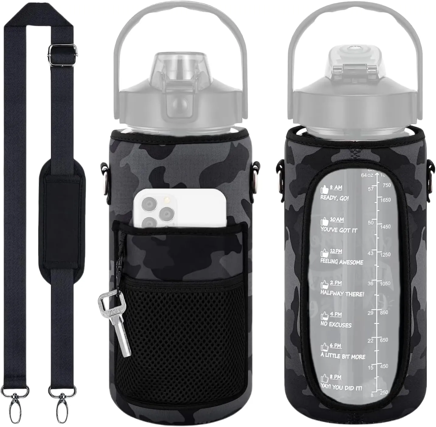 Water Bottle Sleeves - 64oz Adjustable Shoulder Strap Sports Carrier for Walking, Hiking, Travelling