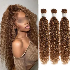 Water Wave Bundles Brown Blonde Weave Bundles Hair Curly Remy Human Hair Weaving Bundles 100G Per Piece 14 14 14