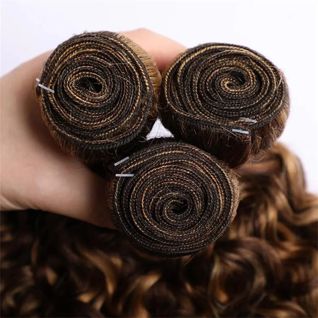 Water Wave Bundles Brown Blonde Weave Bundles Hair Curly Remy Human Hair Weaving Bundles 100G Per Piece 14 14 14