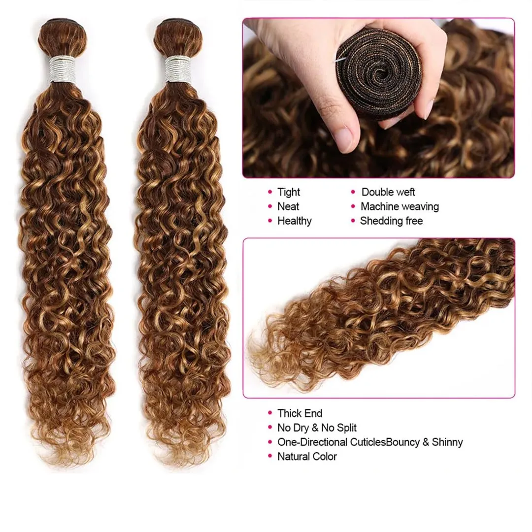 Water Wave Bundles Brown Blonde Weave Bundles Hair Curly Remy Human Hair Weaving Bundles 100G Per Piece 14 14 14